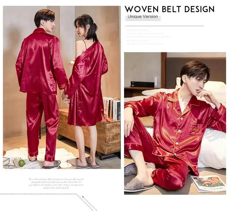 Luxury Wine Red Silk - Couple Matching Nightwear Set