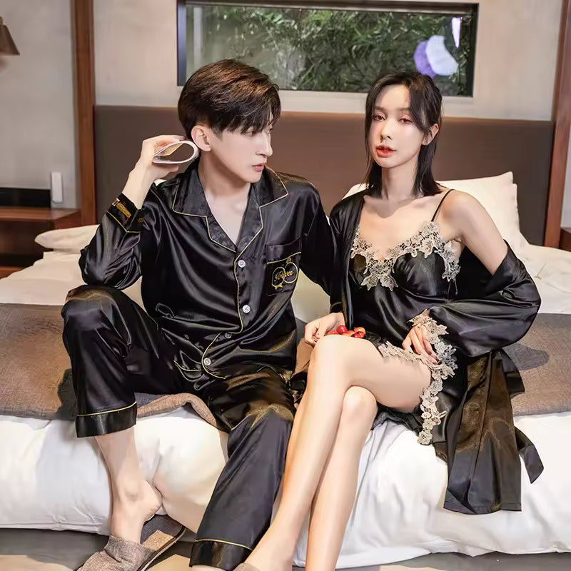 Luxury Black Silk - Couple Matching Nightwear Set