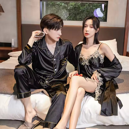 Luxury Black Silk - Couple Matching Nightwear Set