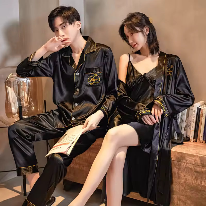 Luxury Black Silk - Couple Matching Nightwear Set